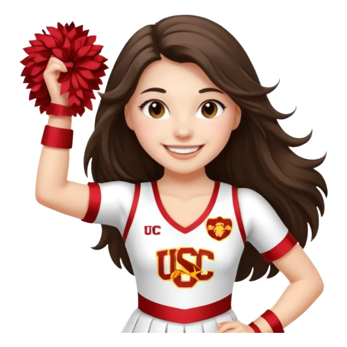 white happy long haired brunette girl in a white USC cheerleader outfit sticker