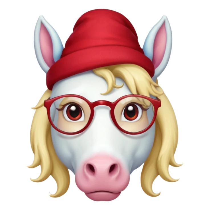 unicorn face cute wearing cute red hat, horn piercing through the hat looking in the camera, blond hair and spectacled. with big horn sticker