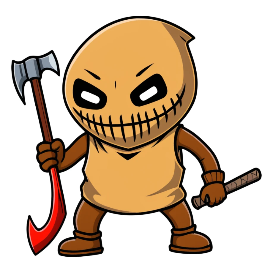 slasher film character with dirty burlap sack mask and axe sticker