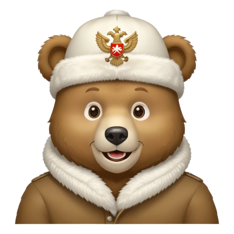 Cartoon Russian bear head wearing white furry ushanka with double-headed eagle emblem centered on the hat, iOS emoji style sticker