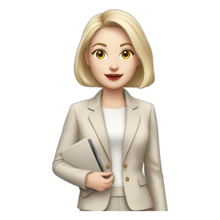 pale skin woman with ash blonde Straightened bob Hair, White Spacious classical jacket, beige palazzo Arrow pants and gray blouse holding a MacBook in the hands sticker