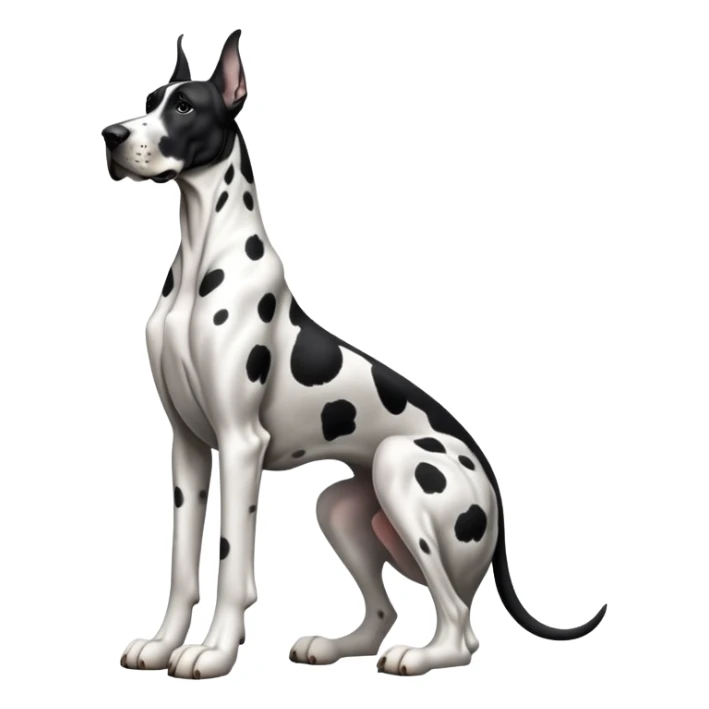 cinematic-[spotted great dane]-realistic-full-body-sitting-emoji,-tail-resting-loosely-beside-its-paws,-head-tilted-dramatically, ears drooped, -sleek-[black and white]-fur,-simplified-yet-realistic-focused-features,-highly-detailed,-glowing-with-an-almost-sarcastic-glow sticker