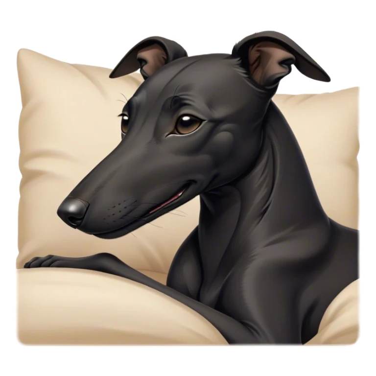 Meme-Worthy Cute Sleeping Black Greyhound Portrait Emoji, Head resting peacefully with a contented smile, showcasing a delightfully slender build and a luxuriously smooth black Fur, eyes shut in a serene nap, Simplified yet hilariously adorable features, highly detailed, glowing with a soft, drowsy light, high shine, relaxed and utterly lovable, stylized with an air of playful laziness, bright and heartwarming, soft glowing outline, capturing the essence of a comically sleepy racer, so meme-worthy it feels like it could instantly become the next viral sensation of adorable slumber! sticker