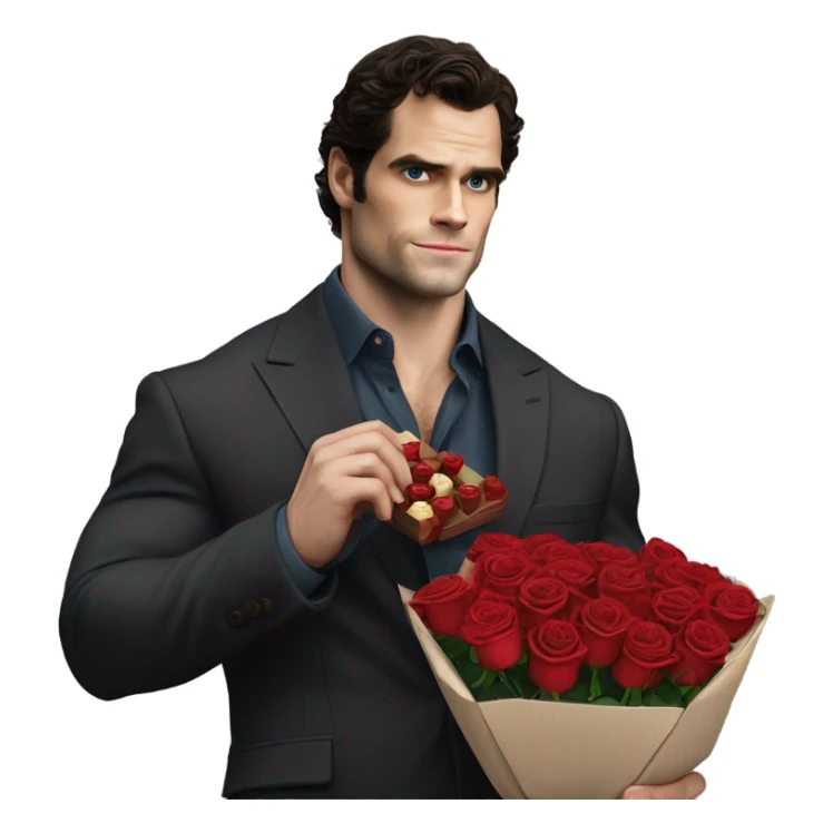realistic photo of Henry Cavill holding roses and chocolates sticker
