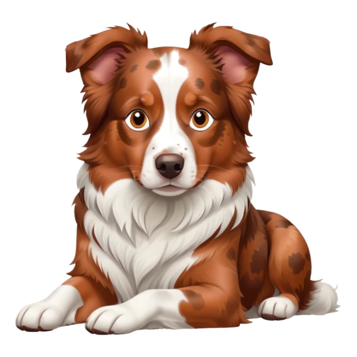 Red merle Australian Shepherd dog laying down, copper and white spotted coat, relaxed pose sticker