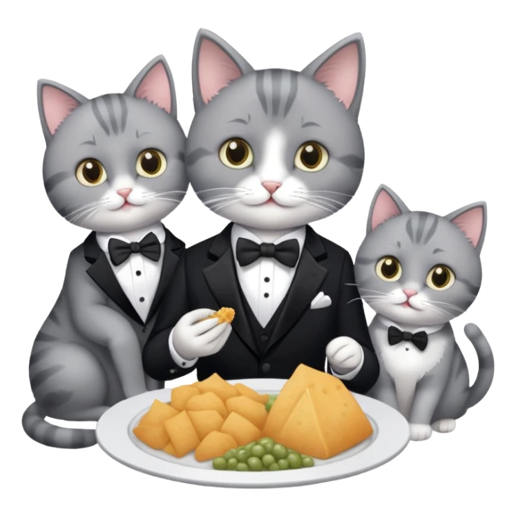 One tuxedo and two gray cats eating food  sticker