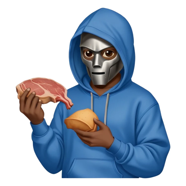MF DOOM in a blue hoodie holding a piece of meat sticker