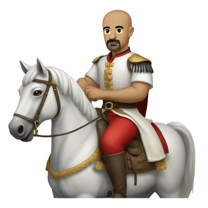 a Cossack warrior sitting on a horse in a field. The Cossack has a shaved head and a long strand of hair on one side. He has a thick, curved mustache and wears a gold earring in his left ear. He is wearing a simple white shirt and red pants sticker