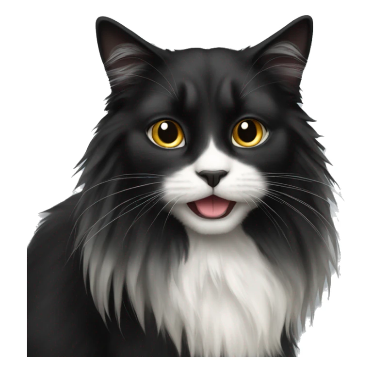 black cat domestic long-haired with half white mouth sticker