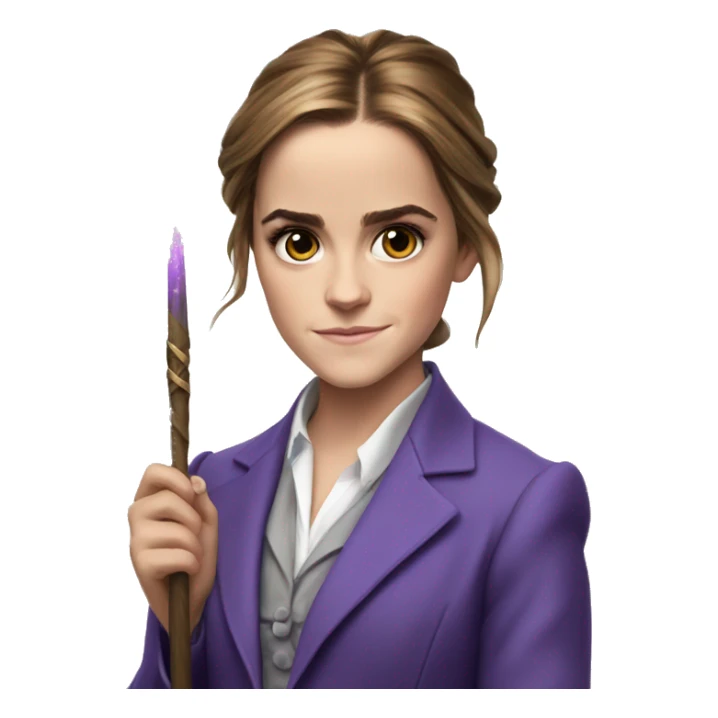 Emma Watson violet suit as Minister of Magic with her wand sticker