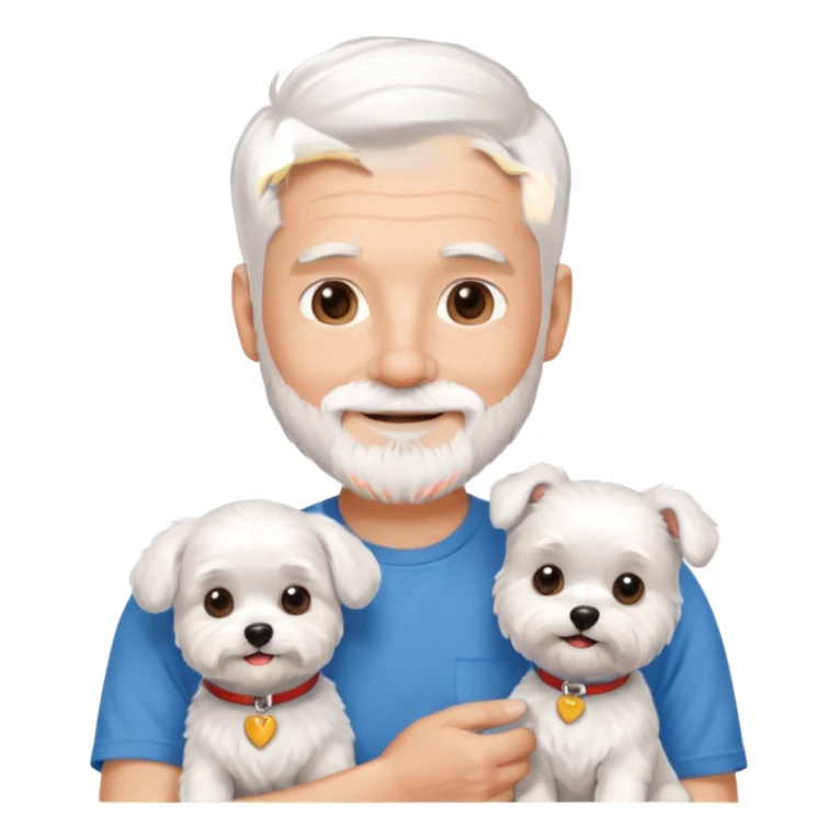 handsome gentleman, 60 years old, crew cut silver hair, full beard, wearing a blue t-shirt, smiling and holding a maltese dog sticker