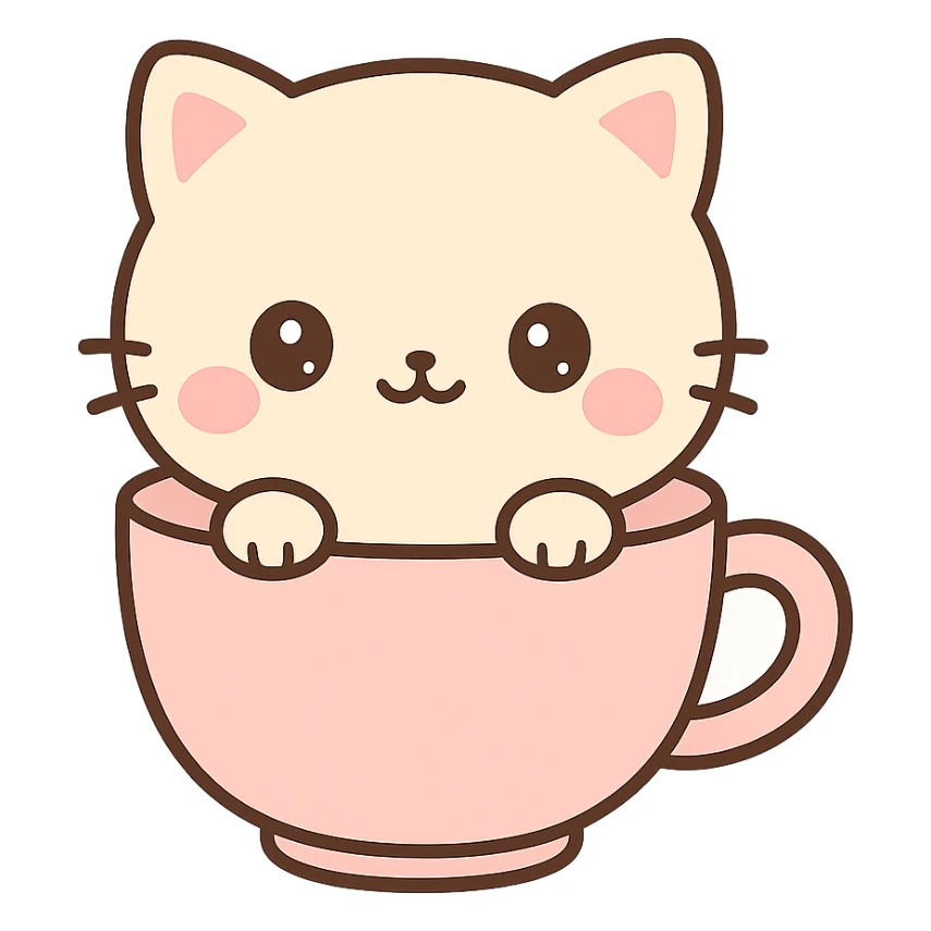 kawaii kitten, peeking out of a teacup, round face, blushing, gentle colors sticker