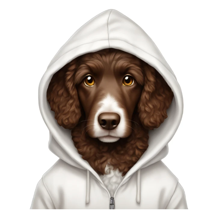Chocolate brown Aussie doodle in a white hoodie with the hood up sticker