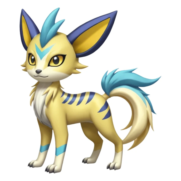 Feral Lightning-patterned Zig-zagged buzzy fuzzy Meloetta-Renamon-Electrike-Luxray-Cobalion-Suicune-Vernid-fusion-hybrid-creature, full body  sticker