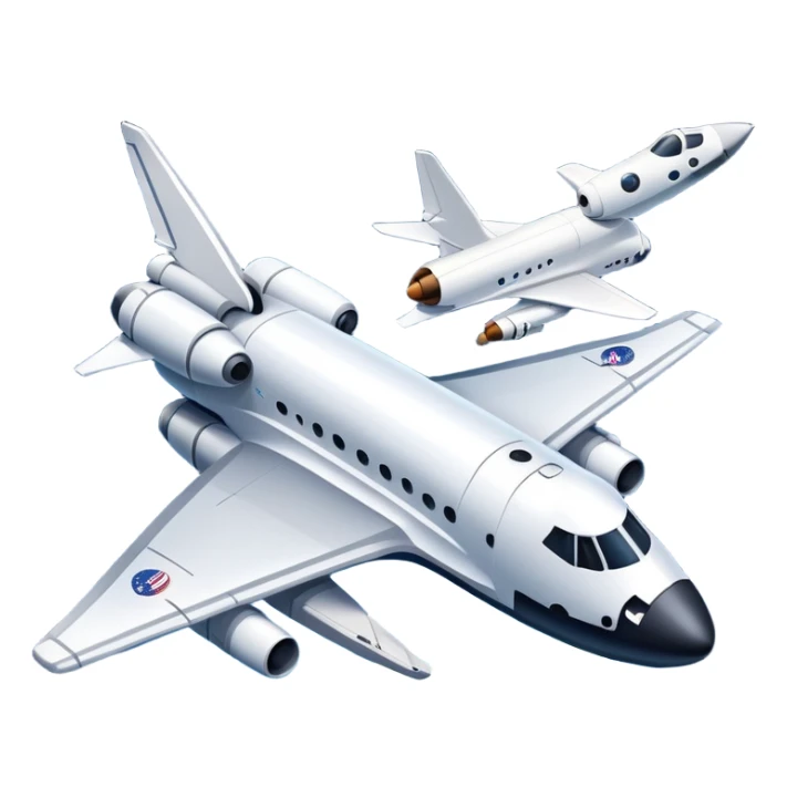 An icon featuring a space shuttle, a drone, and an airplane against a starry sky, symbolizing aerospace technology. The design includes rocket boosters and satellite orbits, representing the exploration of space and advanced aviation. Transparent background sticker