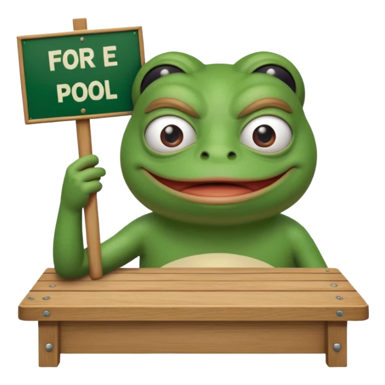 pepe frog emoji for discord, holding a table that says  "For the pool".
table is like at a protest.
Face is 'yikes' like.
no additional elements, no background sticker