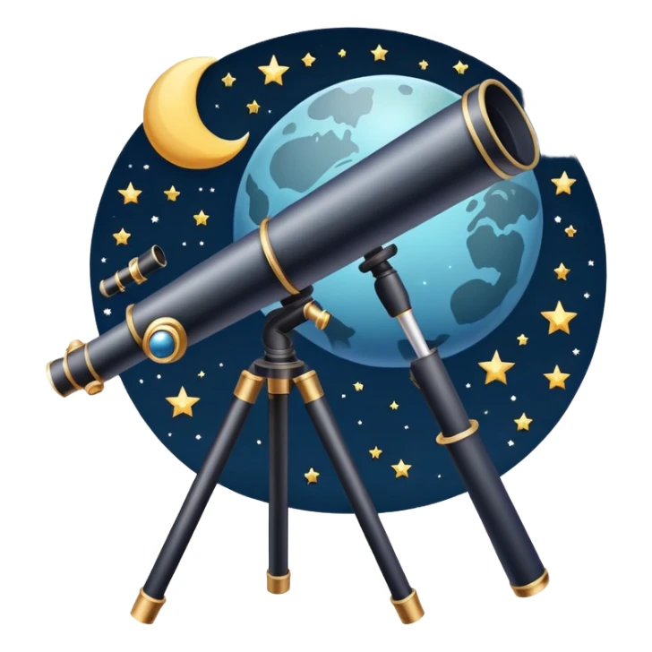 An icon featuring a telescope, stars, and a planet, symbolizing astronomy. The design includes a crescent moon, distant galaxies, and constellations, representing the study of space and celestial bodies. Transparent background highlights the exploration of the universe and cosmic phenomena. sticker