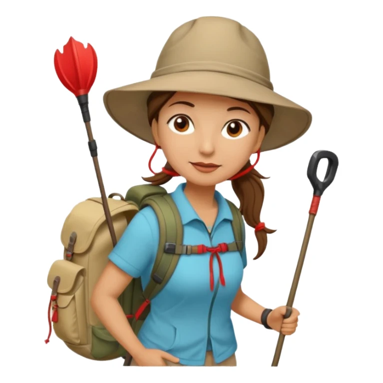 Middle aged women, long brown ponytail with wide brim hiking hat. With backpack and trekking poles. Backpack has a scallop shell with the cross of saint james hanging from it.  Remove the cross and add a scallop shell on a red string hanging from the backpack  sticker