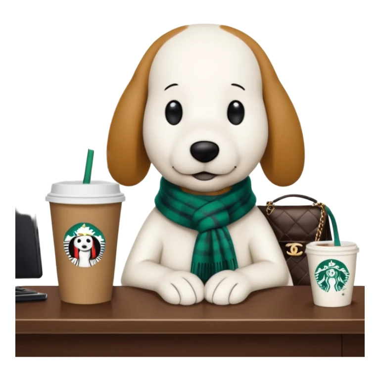 snoopy in a desk with starbucks and his chanel purse sticker