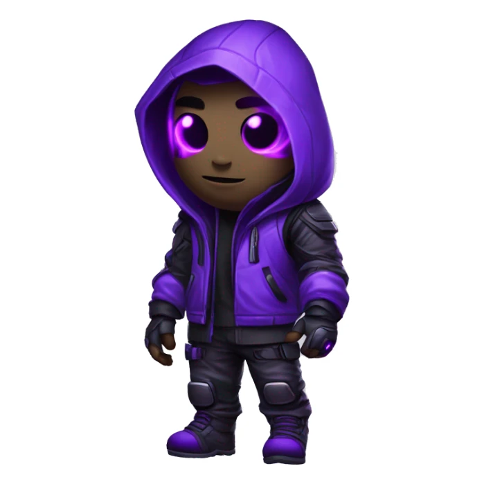developer behind his laptop with this style : crysis Cyberpunk Valorant neon glowing bright purple character purple violet black hooded assassin themed character sticker