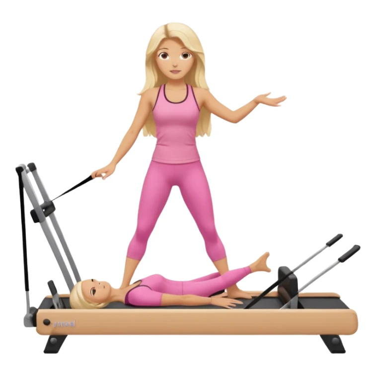 long haired blonde pilates instructor teaching reformer in pink set beige reformer sticker