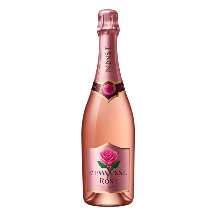 bottle of sparkling rosé champagne with a rose logo on the label, tilted up and to the right, no glass sticker