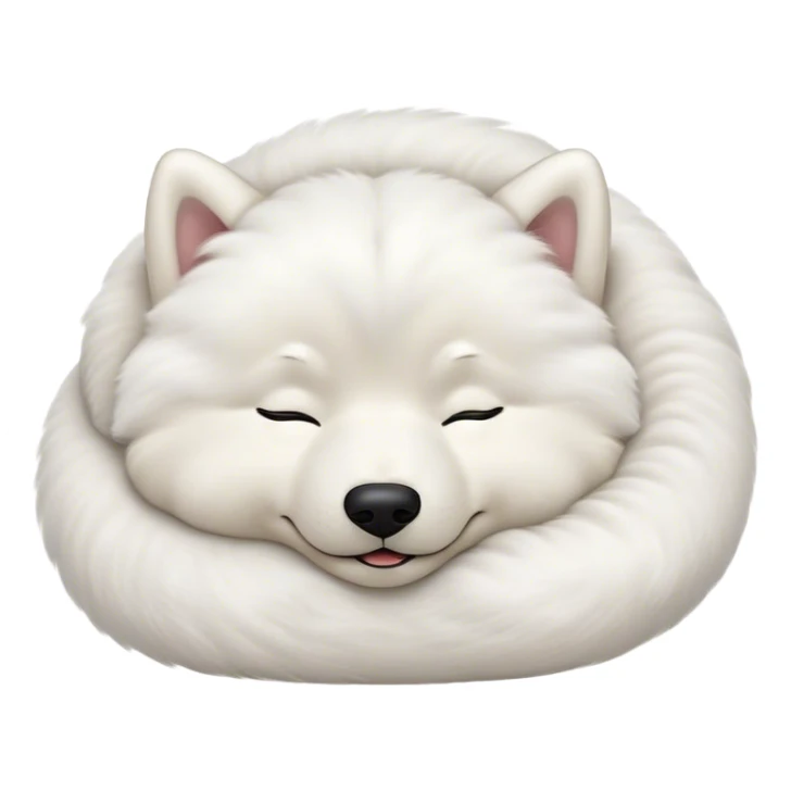 Meme-Worthy Cute Sleeping Samoyed Portrait Emoji, Head resting peacefully with a contented smile, showcasing a delightfully fluffy build and a luxuriously soft pure white Fur, eyes shut in a serene nap, Simplified yet hilariously adorable features, highly detailed, glowing with a soft, drowsy light, high shine, relaxed and utterly lovable, stylized with an air of playful laziness, bright and heartwarming, soft glowing outline, capturing the essence of a comically sleepy companion, so meme-worthy it feels like it could instantly become the next viral sensation of adorable slumber! sticker