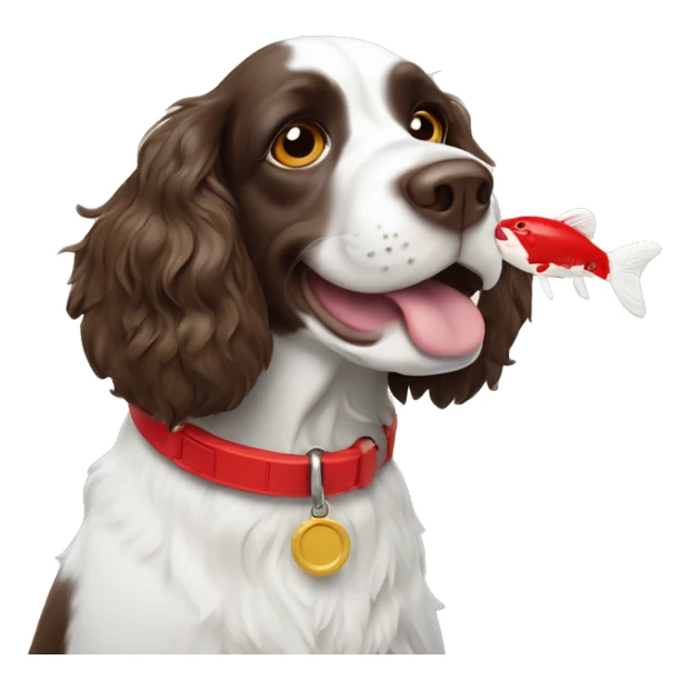 Springer spaniel with red collar an a whale fish toy sticker