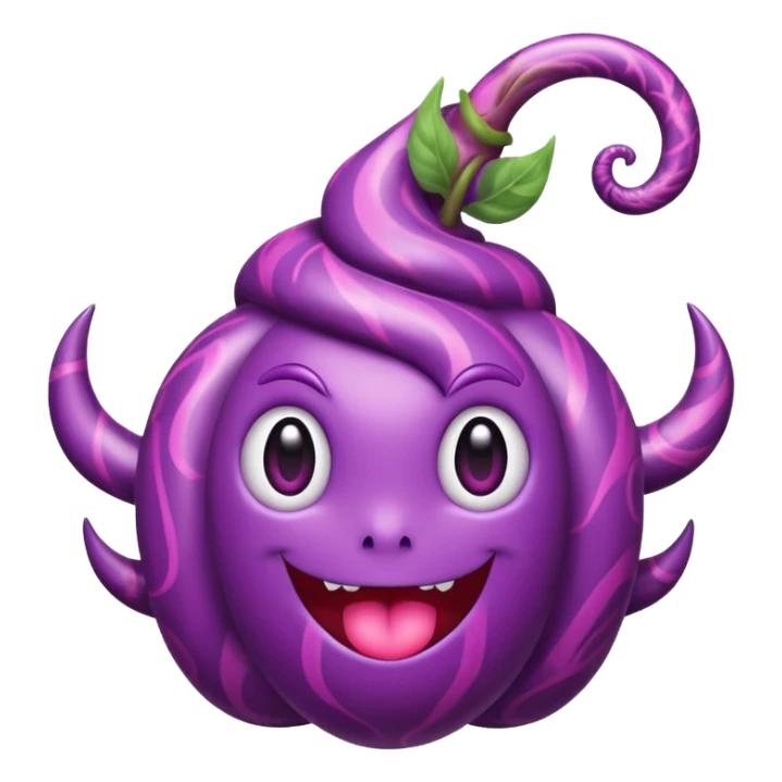 A cute anime-style purple devil fruit with pink spiral patterns, a curly swirl stem on top, glossy texture, simple shading, emoji style, centered on a plain background. sticker