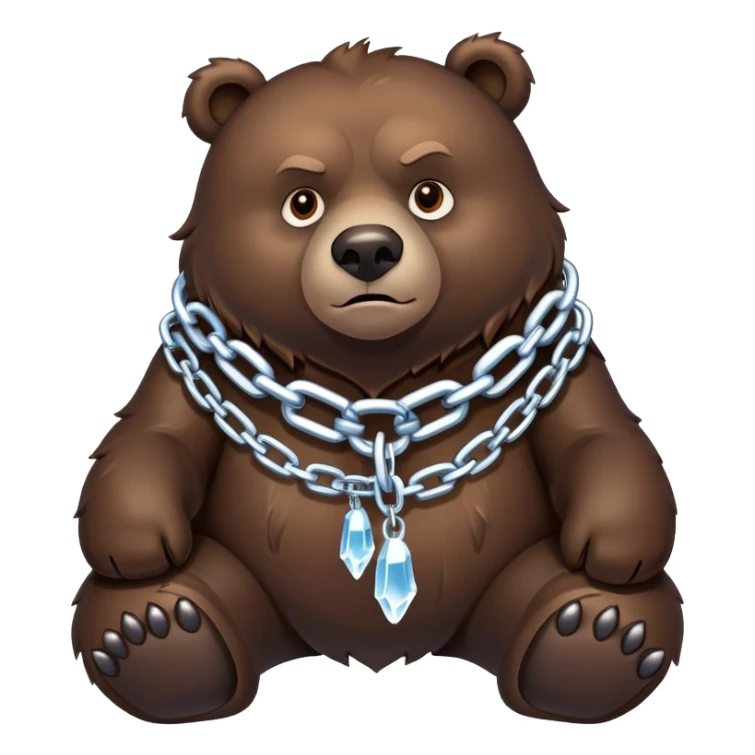 Intimidating dark brown bear on four legs with heavy ice chain around neck, frozen chain links with icicles, serious expression sticker