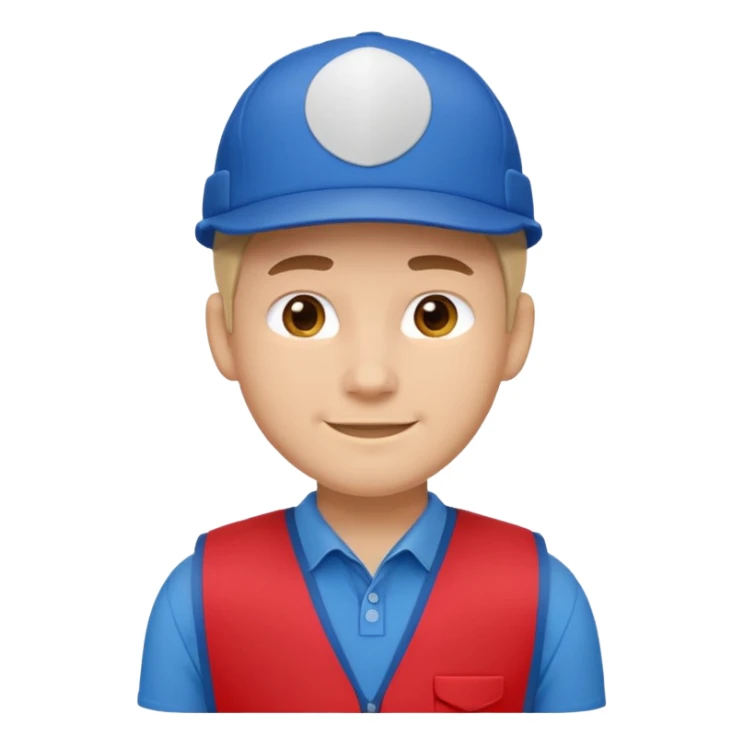 Apple emoji-inspired character, Lowe’s associate, front view, red vest, blue shirt, blue cap, soft smile, rounded features, minimalist, sticker outline, no logos, no text sticker