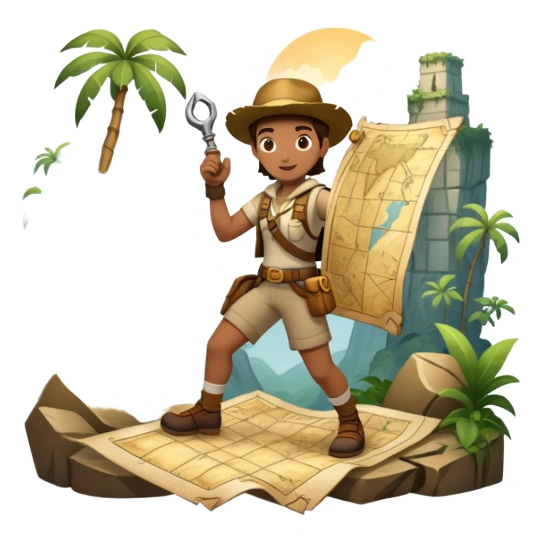 An icon featuring an adventurer in a dynamic action pose with treasure map, ancient ruins and jungle landscapes in the background. The design includes clues, hidden passages and climbing gear, symbolizing the thrill of exploration and discovery. Transparent background. sticker