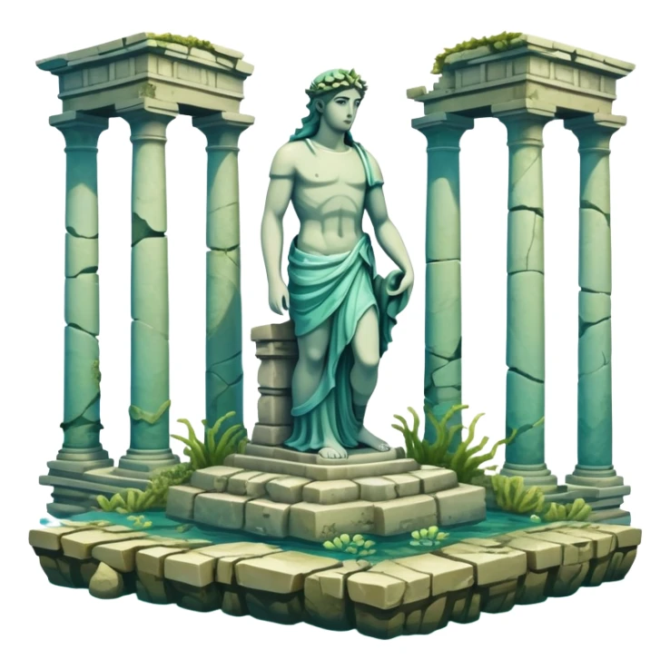 Simple Atlantis underwater ruins with a large sunken statue, fallen columns, broken domes, ancient Greek-style statue partially broken sticker
