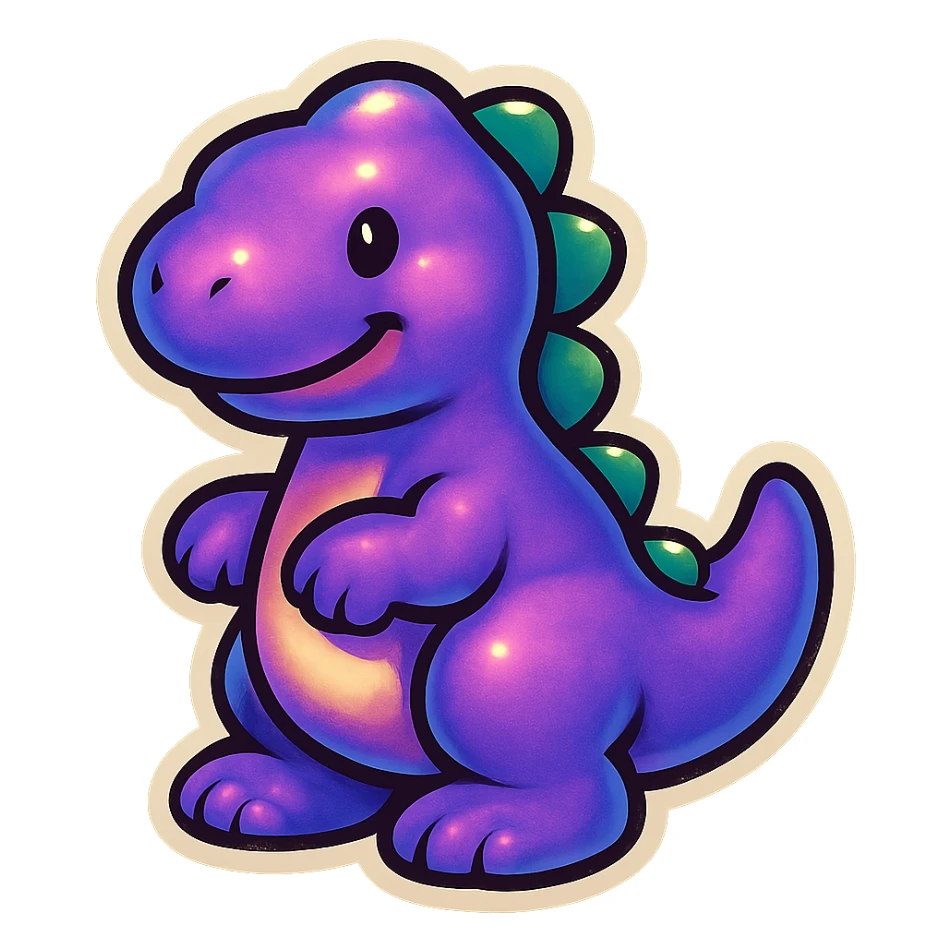 purple dinosaur, cute and friendly, bold outlines, vintage sticker style sticker
