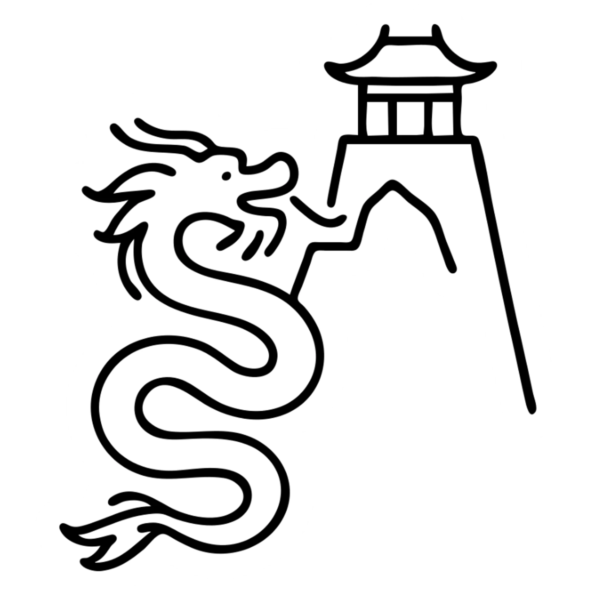 Chinese dragon with whiskers winding up a mountain cliff with a traditional temple perched on top sticker
