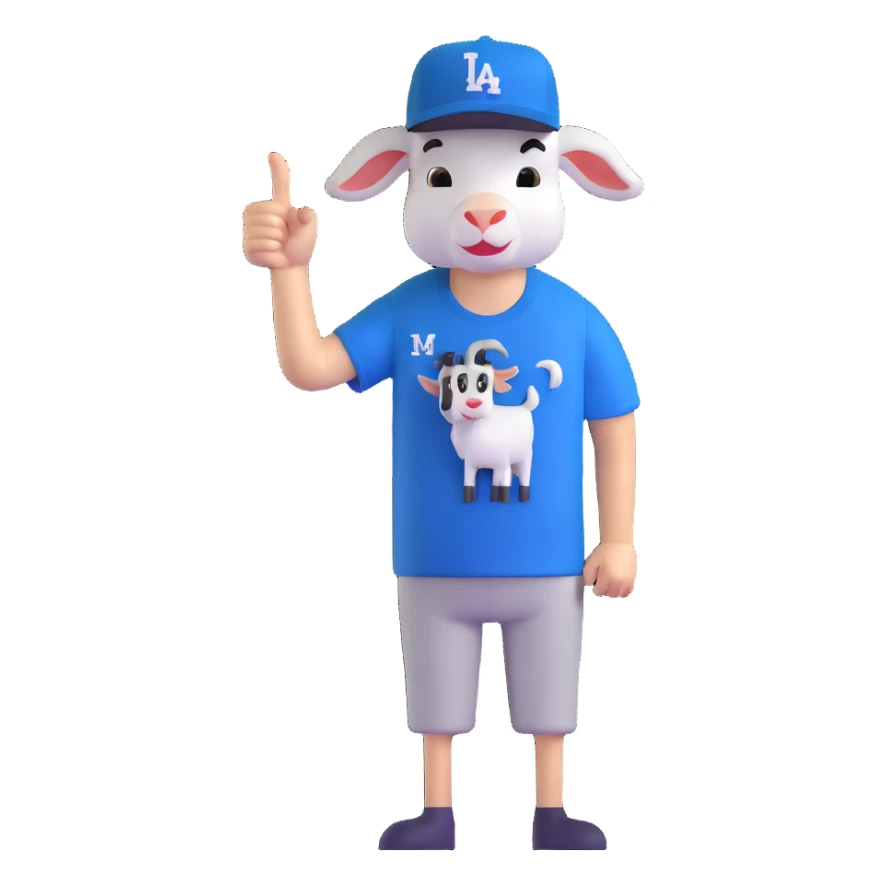 young man with a goat t-shirt, Dodgers hat, giving a thumbs down sticker