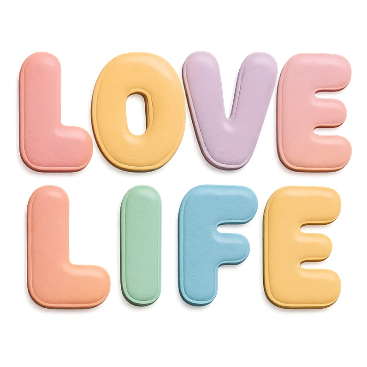 soft pastel rainbow rounded puffy letters for "Love Life", cute kawaii style, no border, transparent background sticker