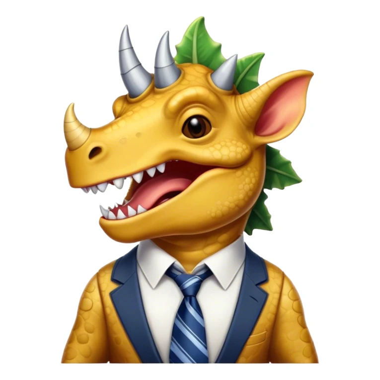 laughing face of a triceratops with a tie sticker