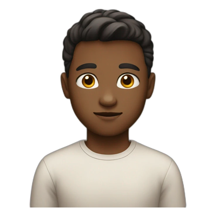 A boy with a short balck hear has a white skin , brown eyes , wearing shirt   sticker