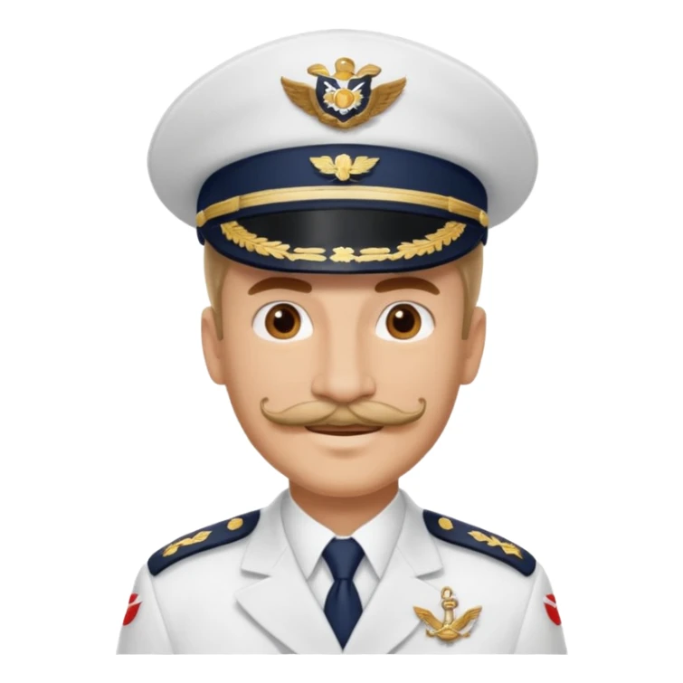 A light-skinned man with brown eyes and a mustache, smiling while wearing a white captain’s hat with a navy emblem. sticker