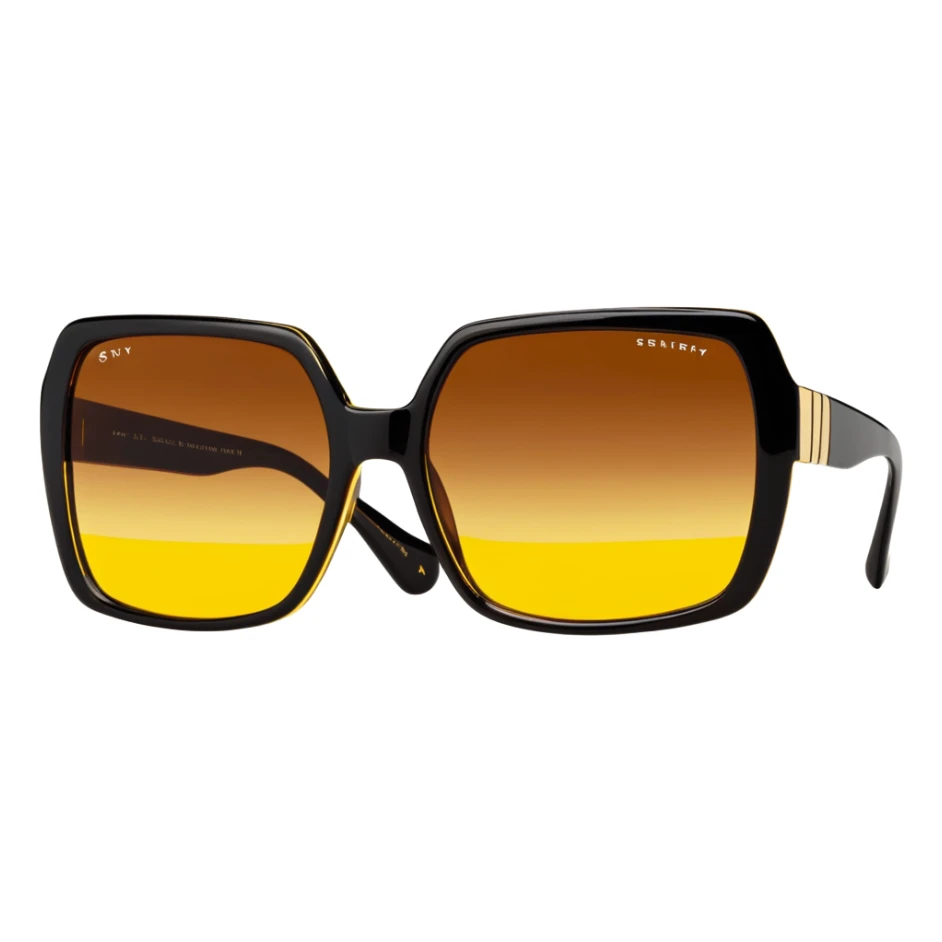 large square sunglasses with yellow gradient lenses and thick brown plastic frames, 70s fashion accessory sticker