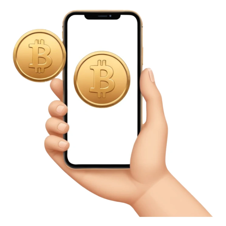 hand holding a phone showing a play icon and coin sticker
