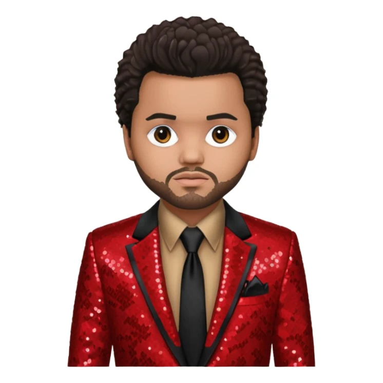 The Weeknd with dark brown hair, red sequin suit jacket, black shirt with tie sticker