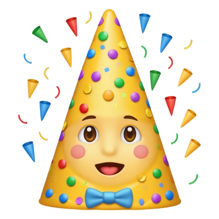 shushing emoji with a cone party hat, confetti around, cheerful expression sticker
