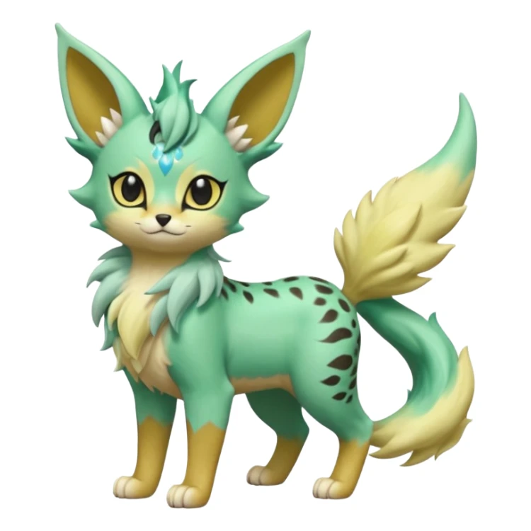 Epic complex detailed pastel minty green, pastel beige yellow pastel realistic aesthetic-scenic-Fakémon-Zorua-Litten-Leafeon-Trico-Sergal-Serval-Vernid-creature (full body) with far wings, shiny sparkly fairycore theme  sticker