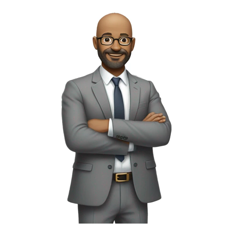 A middle-aged man with glasses, beard, and bald head, wearing a gray suit jacket and white shirt, standing confidently with hands clasped, smiling against a plain, neutral background sticker