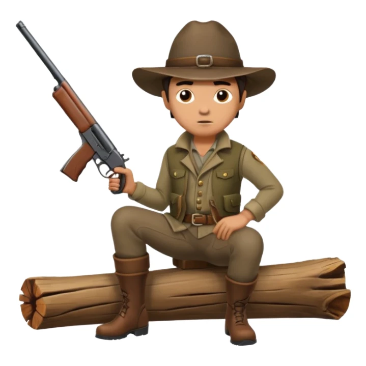 male hunter sitting on a log with gun, alert expression sticker
