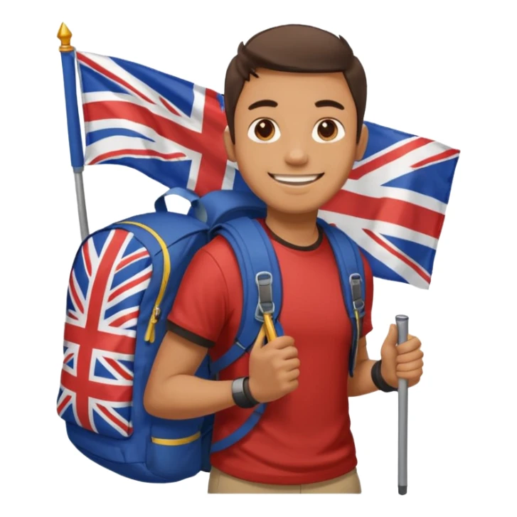 A guy with a hiking backpack and a Union Jack on his T-shirt holds the Union Jack. sticker