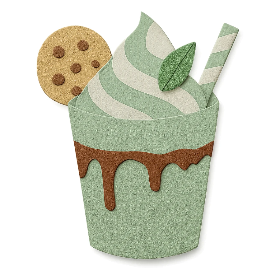 Change the milkshake to a fresh mint green and white palette, keeping the glass with chocolate drizzle, cookie on the rim, and mint leaf on top, with no background. sticker