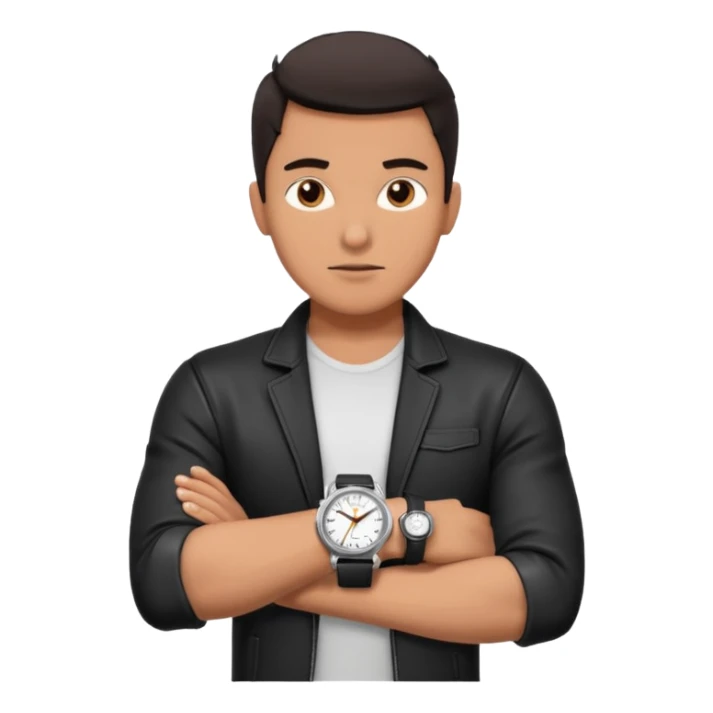 man wearing a black strap watch portrait, head and shoulders only, black leather strap wristwatch visible, casual outfit, confident expression, modern style, 3D cartoon, mobile game icon style, clean background, no text, no watermark
 sticker